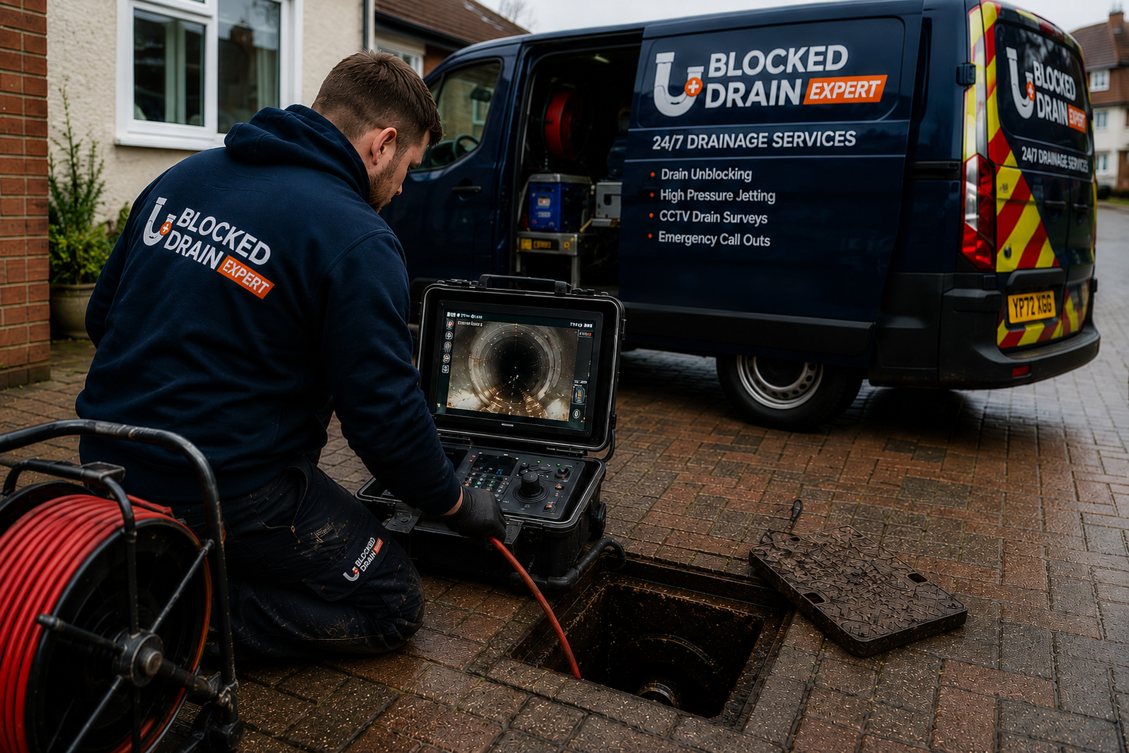 Blocked Drain Expert CCTV drainage survey equipment beside a branded service van